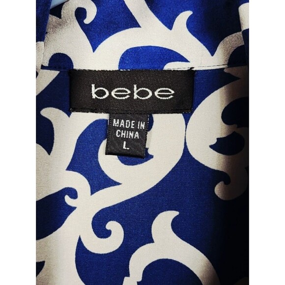Vintage Y2k Bebe Silk Cobalt Grey Puff Sleeve Scroll Logo AOP Belted Blouse M/L - Picture 13 of 15